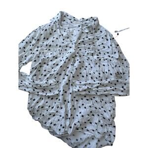 Women's Size XL 14 Light Linen Feel White Cat Button Blouse Collar Long Sleeve